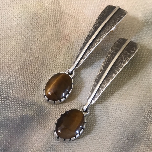 ON HOLD signed sterling and Tigereye MCM earrings, large Boho sleek mod - Picture 3 of 6